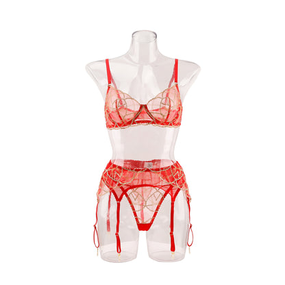 Sexy lingerie set hollow love mesh embroidery three-point red