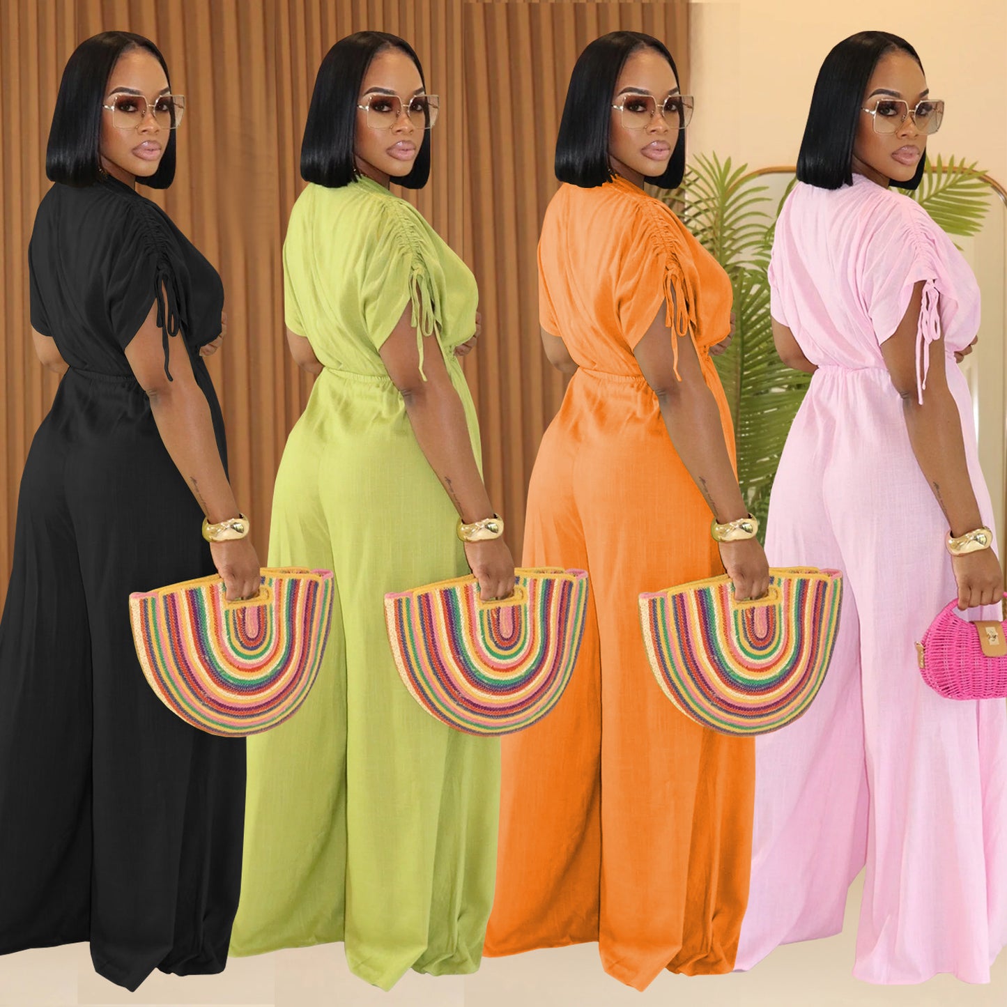 XYZ C7388 casual V-neck lace-up wide-leg jumpsuit