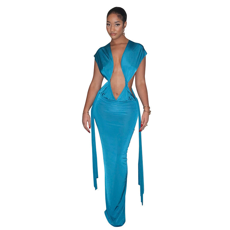 DZHT C25DS453 fashion hollowed-out pleating slit sleeveless ribbon dress