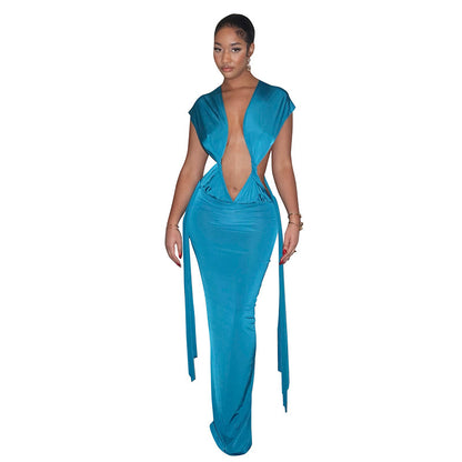 DZHT C25DS453 fashion hollowed-out pleating slit sleeveless ribbon dress