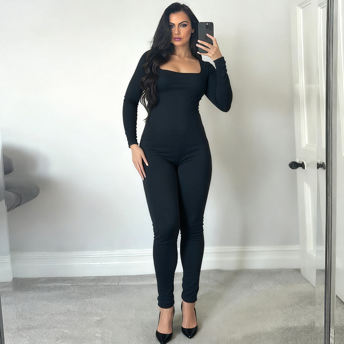 SXR autumn and winter U-collar backless lace up long-sleeved solid color hip-lifting jumpsuit