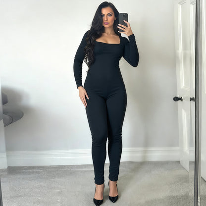 SXR autumn and winter U-collar backless lace up long-sleeved solid color hip-lifting jumpsuit