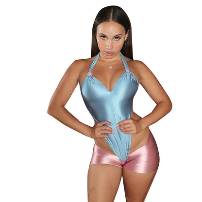 DZHT Q26RP045 summer slim fit halter backless contrast color one-piece shorts