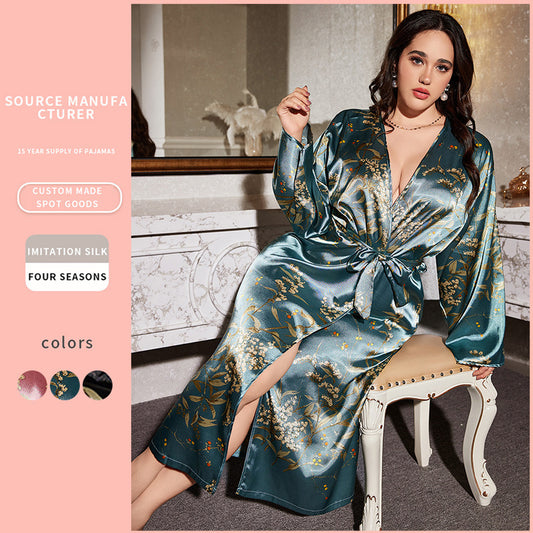DNL spring printed bathrobe emulation silk nightgown