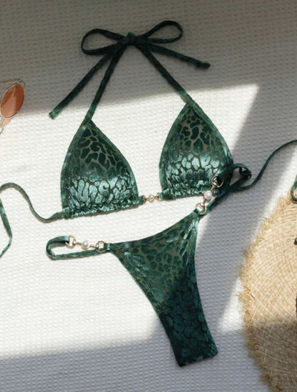 (4 days ready to ship) SY T-shaped pearl leopard special fabric swimsuit bikini