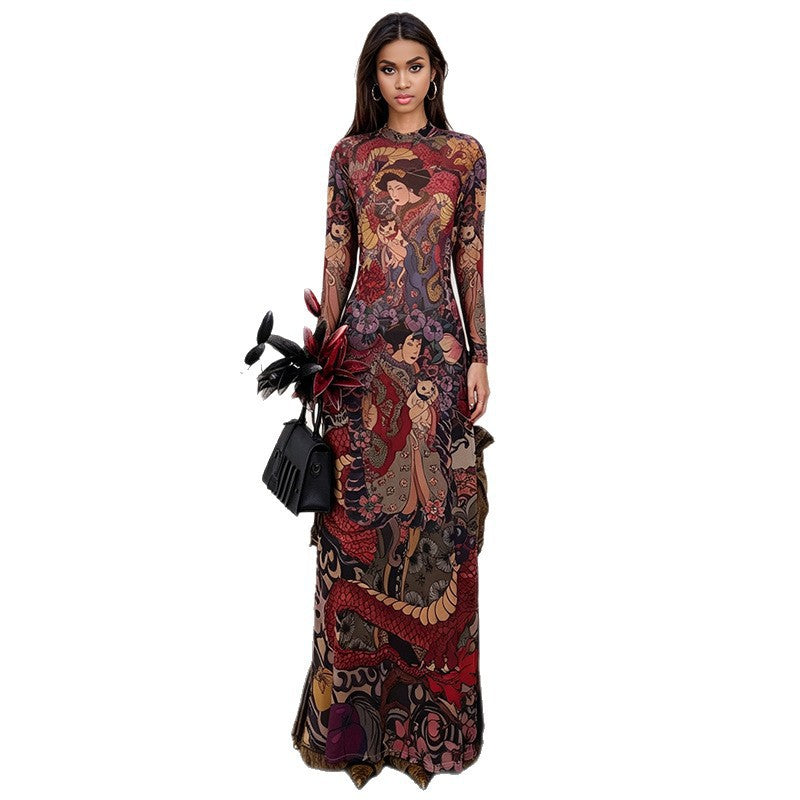 DLS round neck printed waist-controlled slim and tall looking split long top