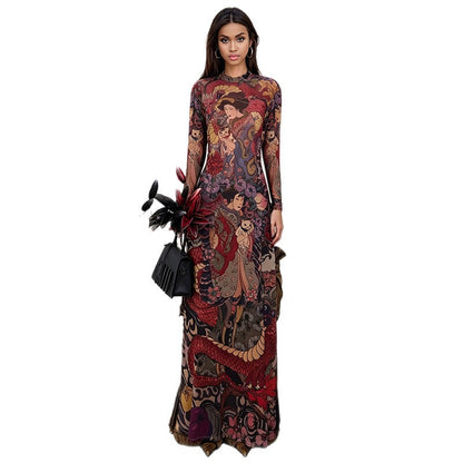 DLS round neck printed waist-controlled slim and tall looking split long top