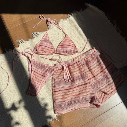 (4 days ready to ship) SY halter bikini knitted contrast color beach shorts three-piece set