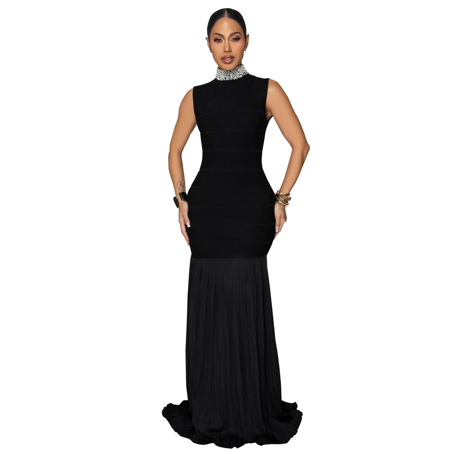 XYZ C7409 stitching pleated slim-fit bubble Bead Dress