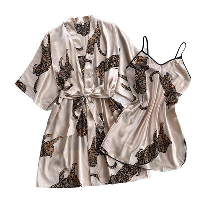 DNL imitated silk pajamas V-neck long slip nightdress two-piece pajamas suit