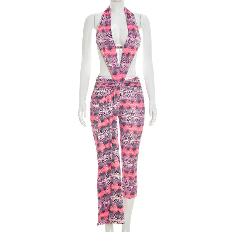 DZHT J26JP199 printed halter bare back lace-up one-piece cropped pants