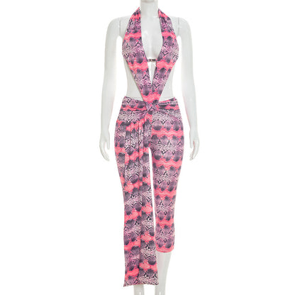 DZHT J26JP199 printed halter bare back lace-up one-piece cropped pants