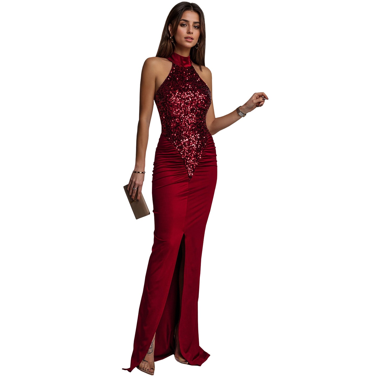 XYZ C7602 slim-fit sequin velvet split dress