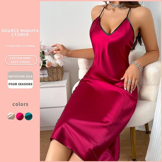 DNL slip nightdress artificial silk female backless slip dress