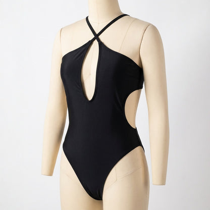 CL (S-XL) 2026 one-piece solid color sexy cross sling hollow bikini one-piece swimsuit for women