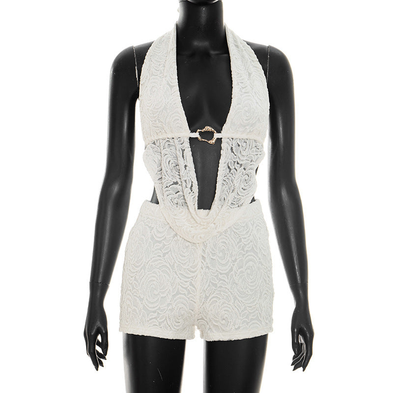DZHT J26ST162 lace draped collar halter backless top slim shorts two-piece suit