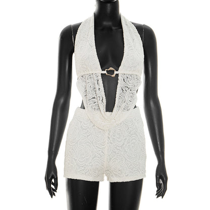 DZHT J26ST162 lace draped collar halter backless top slim shorts two-piece suit