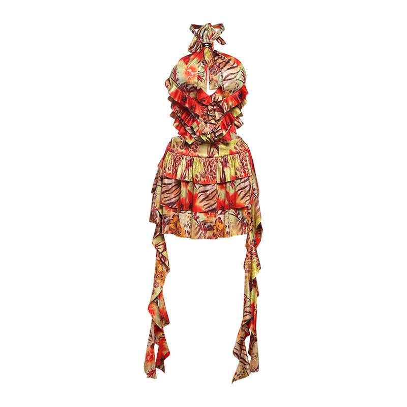 SXR summer halter lace-up backless skirt printed dress
