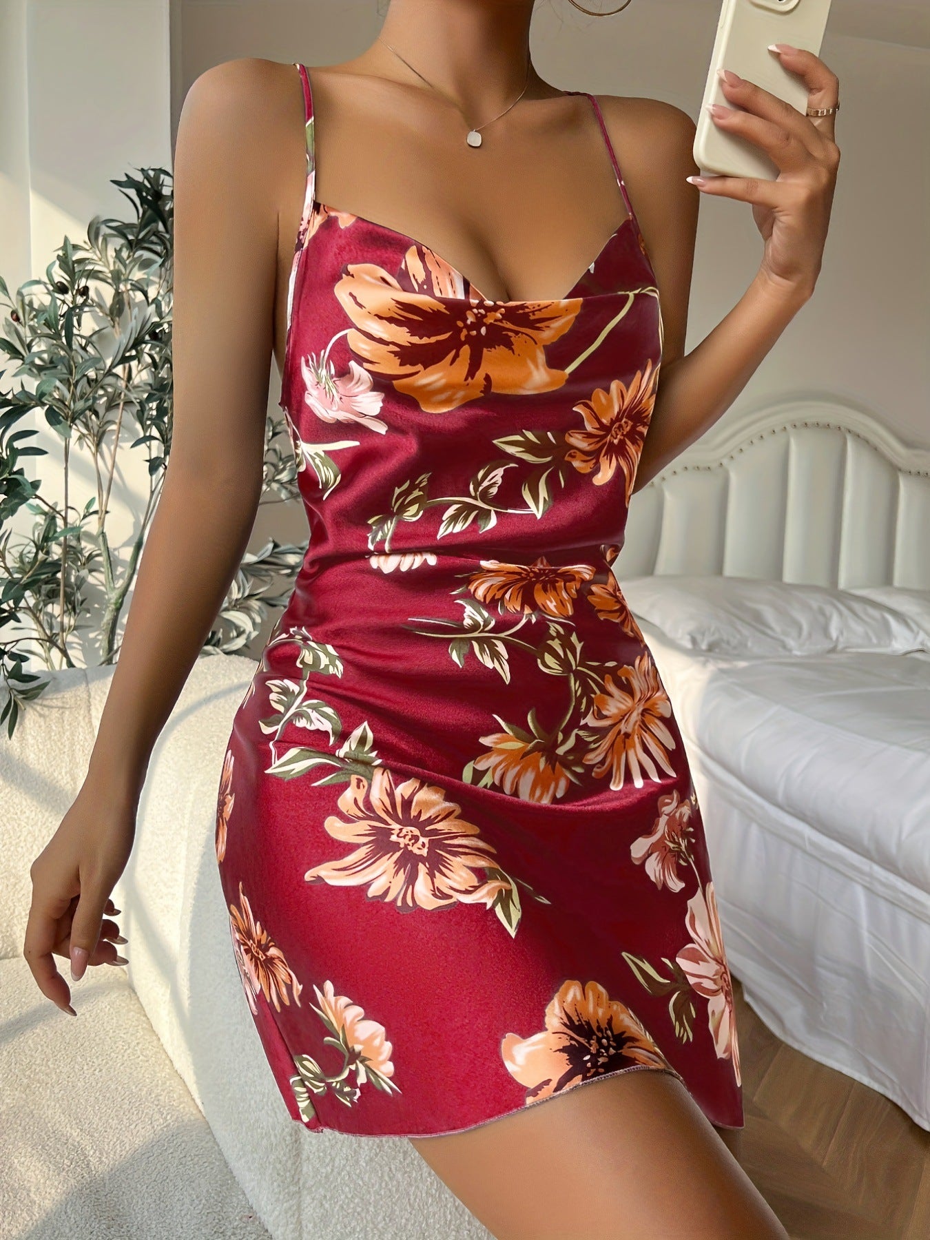DNL short backless nightdress solid color and V-neck cross slip dress artificial silk dress for women