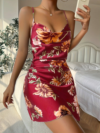 DNL short backless nightdress solid color and V-neck cross slip dress artificial silk dress for women