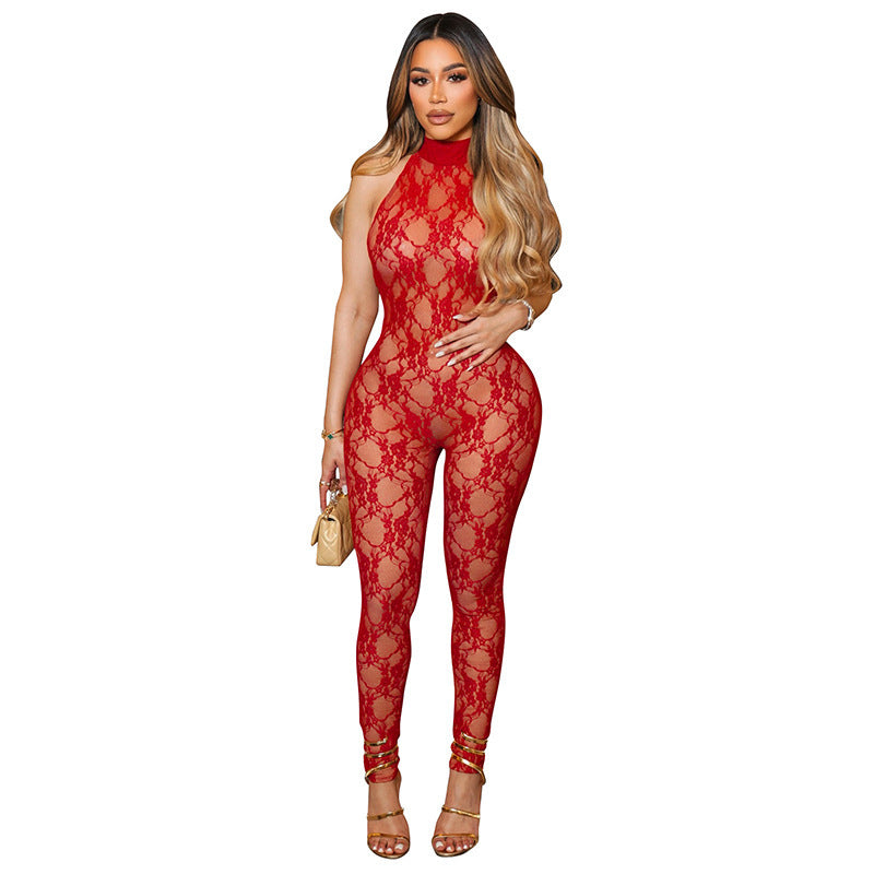 DZHT D26JP058 sleeveless slim-fit see-through lace halter strap one-piece trousers