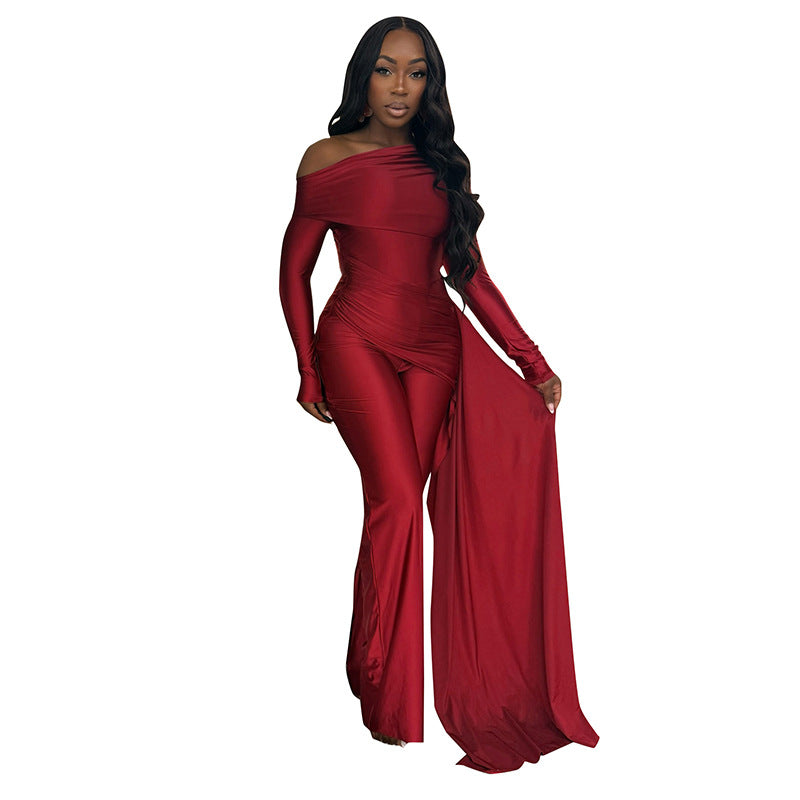 DZHT Q25JP441 long sleeve tight fashion off shoulder jumpsuits
