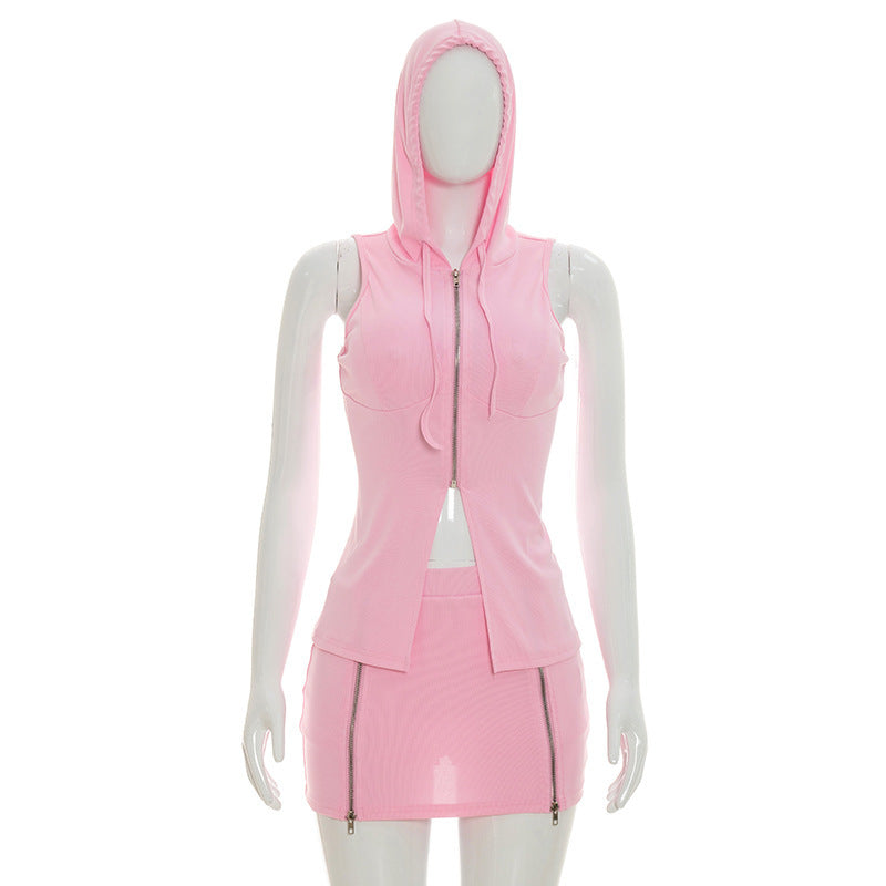 DZHT D26ST137 slim sleeveless hooded sleeveless zip top package hip skirt two-piece suit