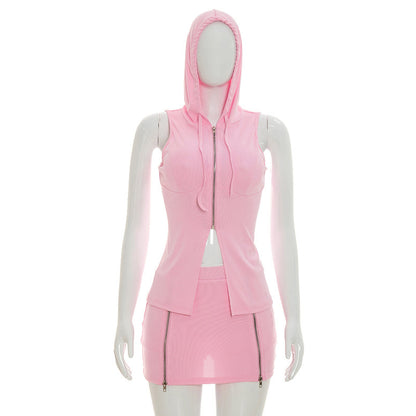 DZHT D26ST137 slim sleeveless hooded sleeveless zip top package hip skirt two-piece suit