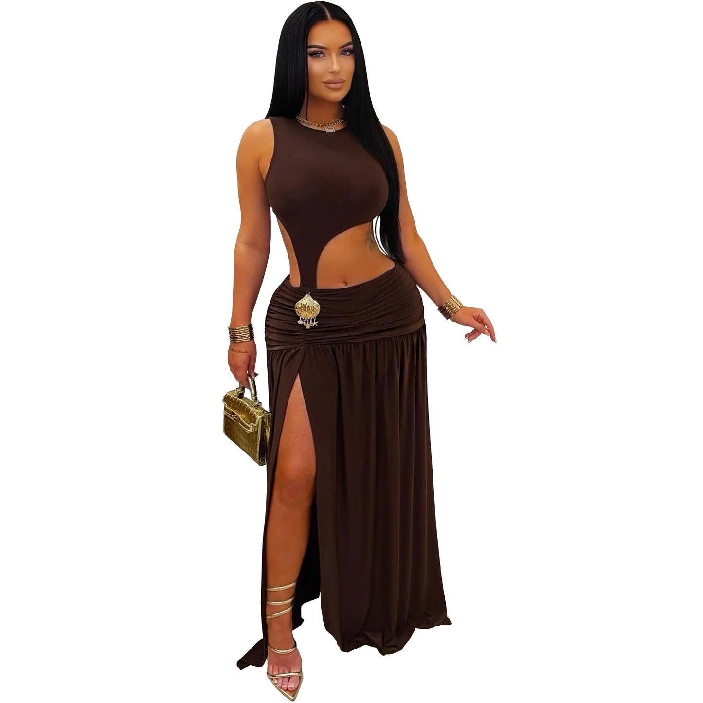 XYZ C7597 sleeveless midriff-baring slit dress