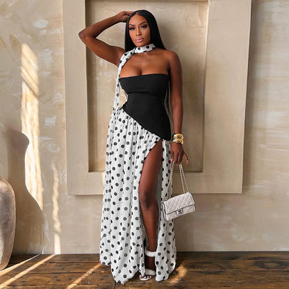 DZHT J26DS142 summer stitching polka dot halter ribbon tube top high slit dress