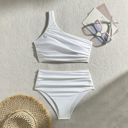 (4 days ready to ship) SY pleating high waist one shoulder split swimsuit