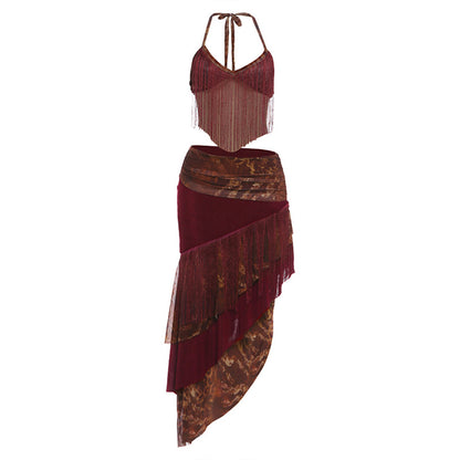 SXR K6S04936A summer tassel halterneck vest long skirt suit