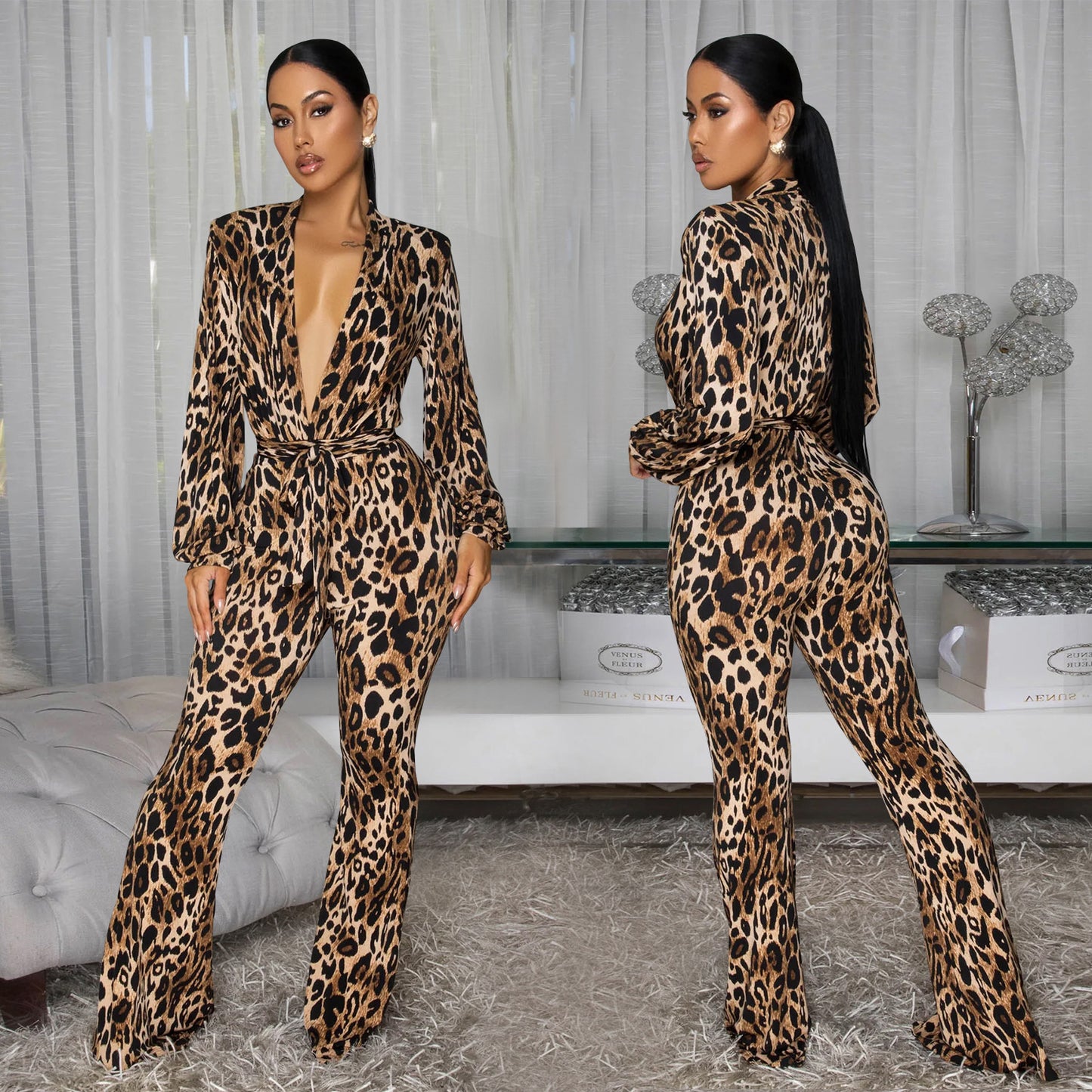 XYZ C7586 deep V leopard print comfortable jumpsuit