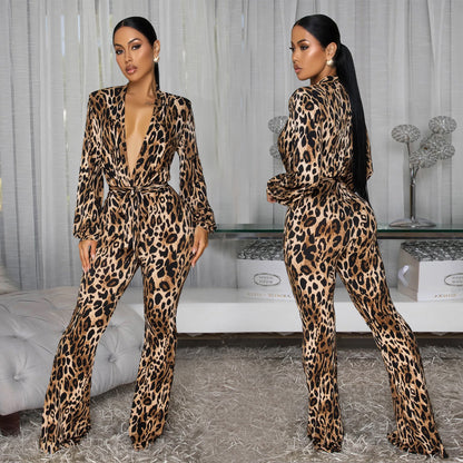 XYZ C7586 deep V leopard print comfortable jumpsuit