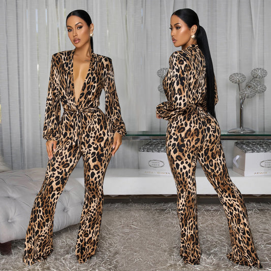 XYZ C7586 deep V leopard print comfortable jumpsuit