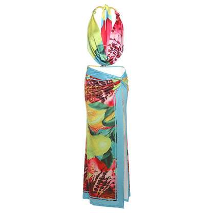 SXR summer fashion halter backless top split skirt suit