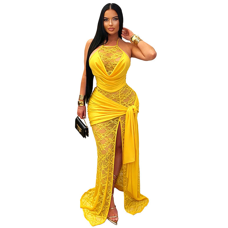 DZHT D26DS201 solid color lace stitching halter swing collar slit ribbon dress long skirt