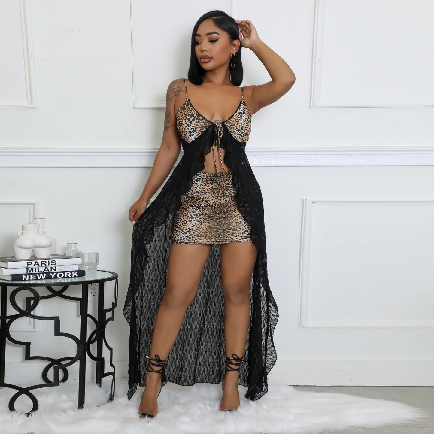 MYF (S-2XL) Sling lace leopard print skirt suit