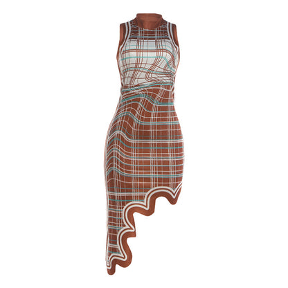DLS summer Plaid wave hem tight sleeveless sheath dress