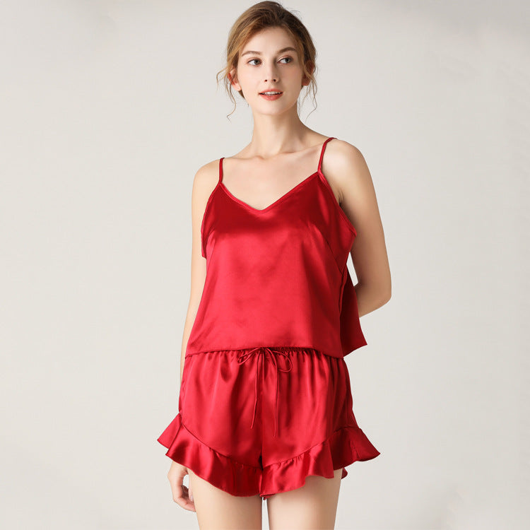 DNL imitated silk pajamas silk V-neck strap shorts two-piece pajamas suit