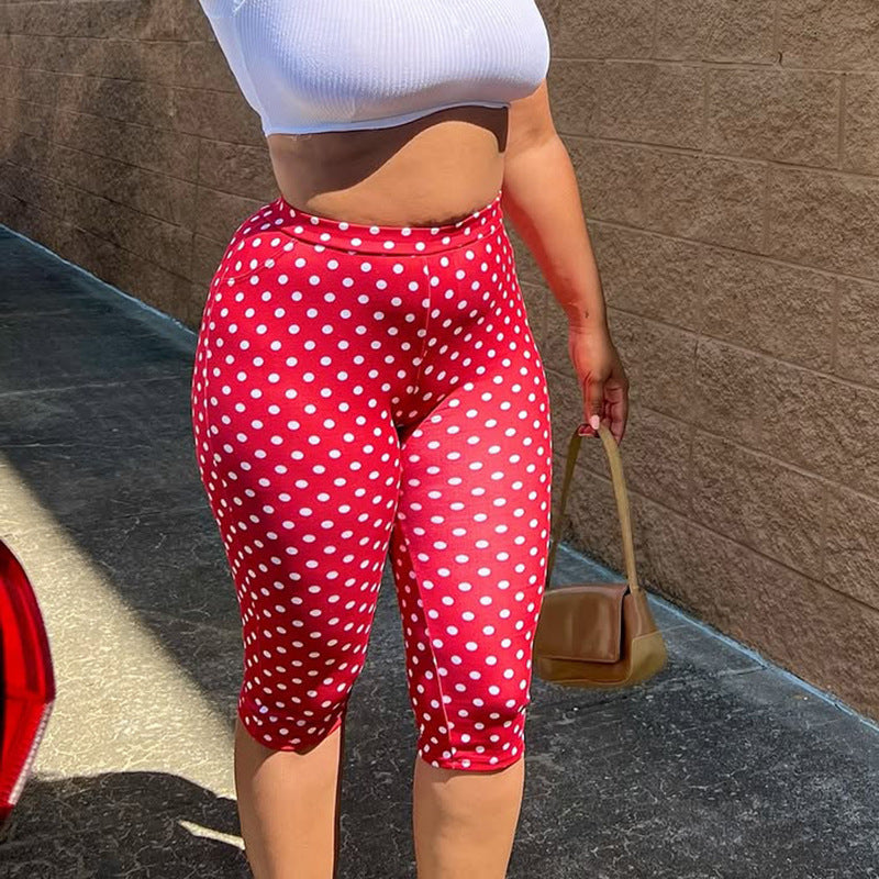 DZHT J26PT151 fashionable all-match polka dot printed mid-waist tight casual cropped pants
