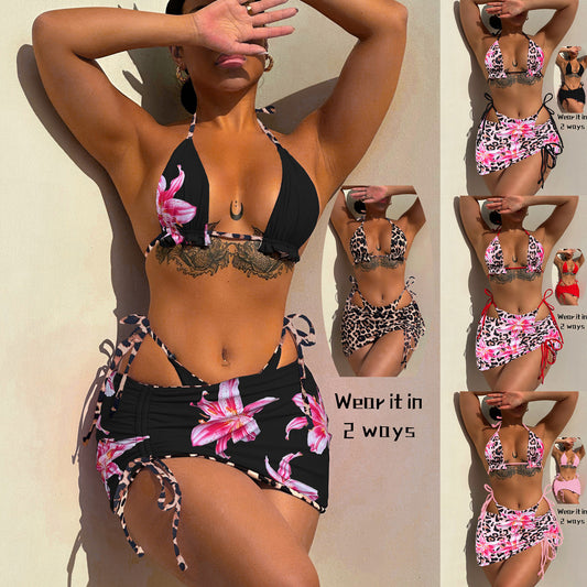 Three Piece swimsuit printed bikini double-sided wear bikini6594