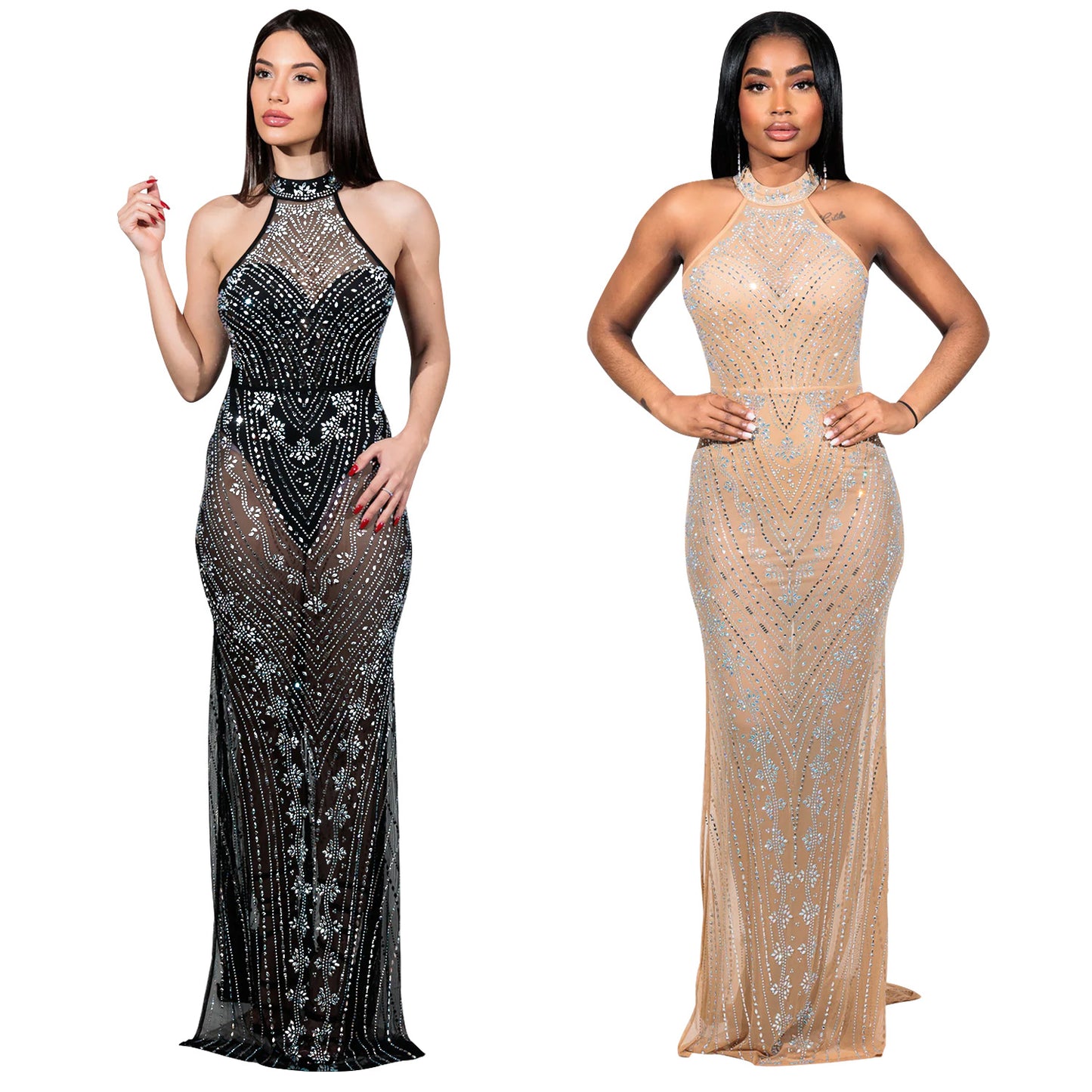 XYZ C6957 mesh rhinestone halter sheath dress