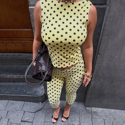 SXR K6S07350A polka dot sleeveless backless top slim cropped pants suit