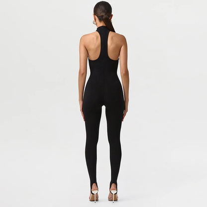 DZHT J26JP074 cold-shoulder sleeveless slim fit stirrup jumpsuit