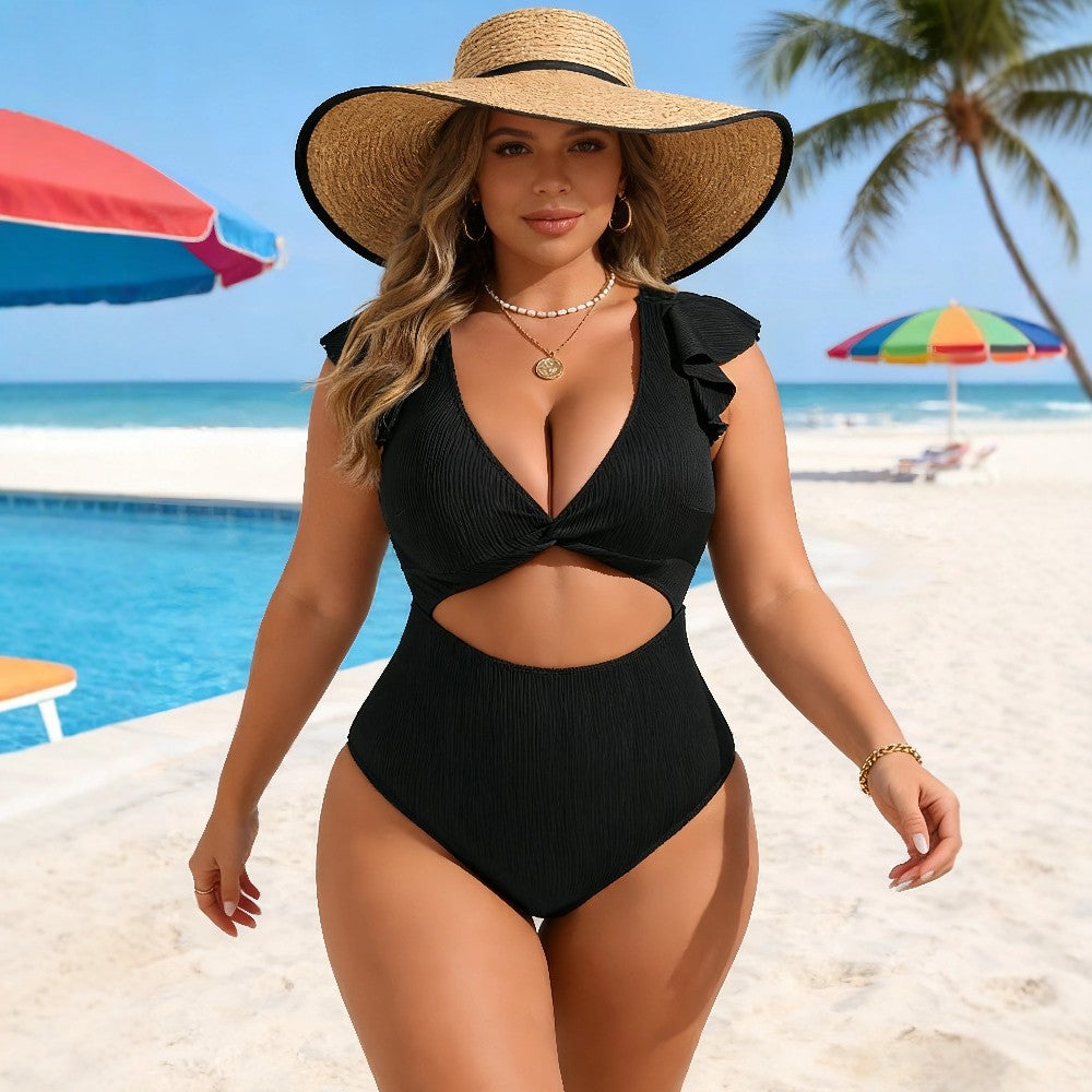 CL (L-4XL) 2026 one-piece high waist swimsuit female wooden ear waist hollow out