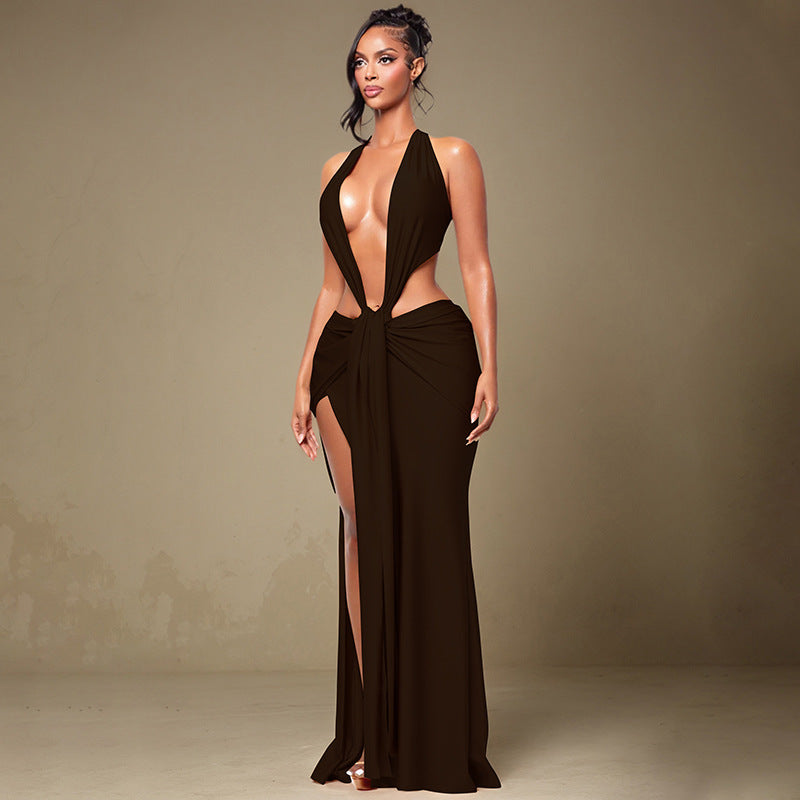 DZHT J25DS474 fashion halter sleeveless waist sheath split deep V dress