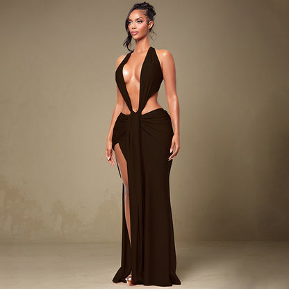 DZHT J25DS474 fashion halter sleeveless waist sheath split deep V dress