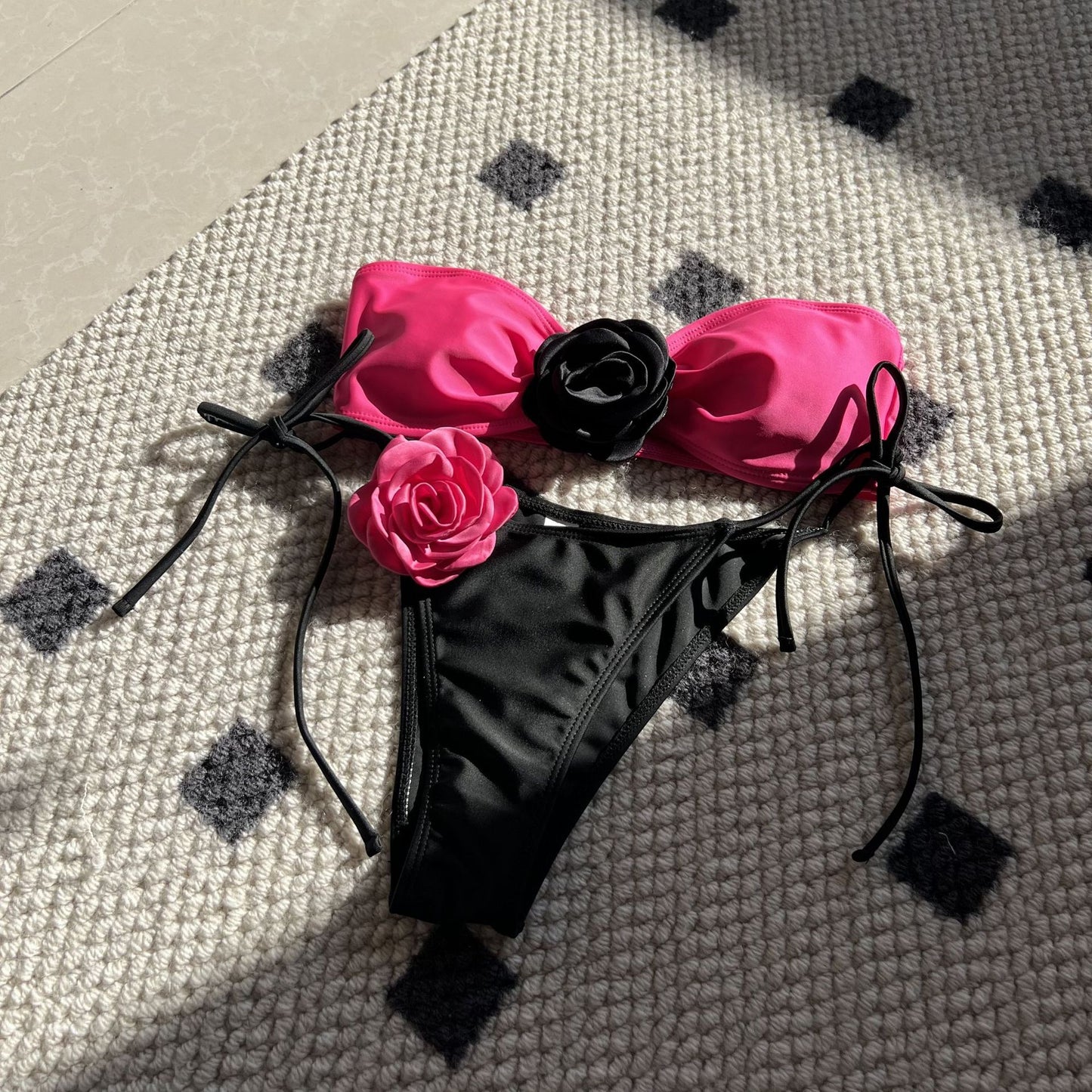 (4 days ready to ship) SY color matching rose tube top lace-up drawstring strap split swimsuit bikini 9149