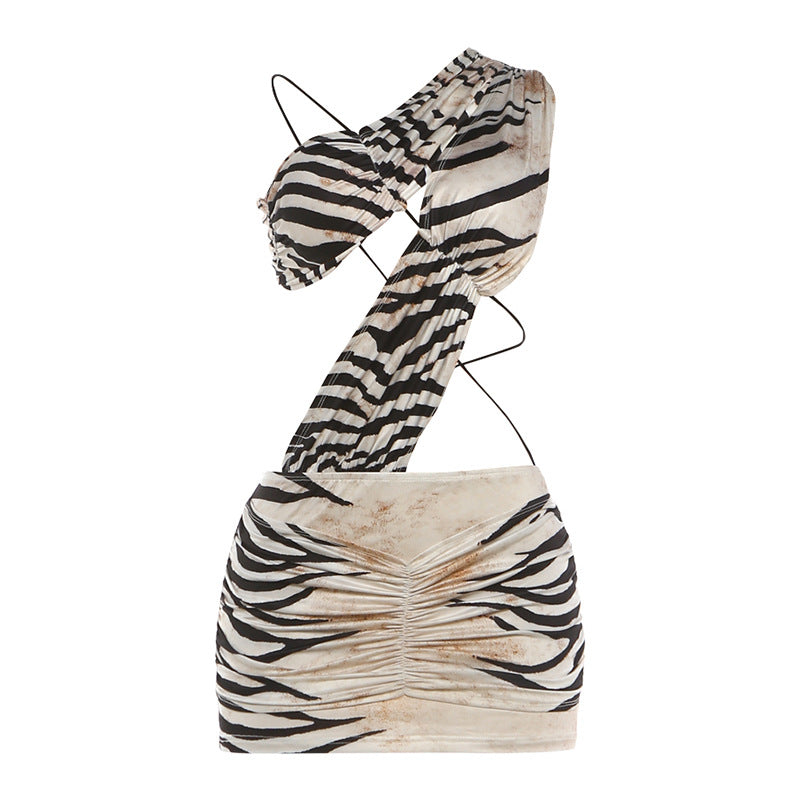 DLS 2026 Summer stitching tiger stripe pattern sexy cutout backless dress